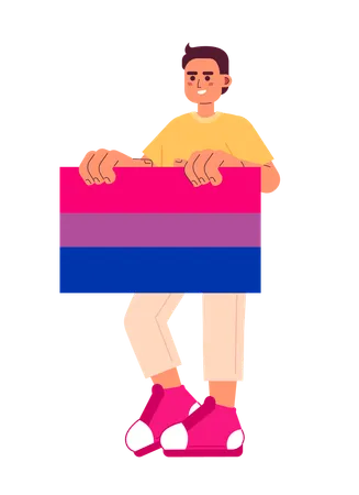 Un bel homme tient un drapeau bisexuel  Illustration