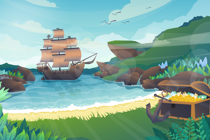 Bela cena do Galeão ancorado flutuando no mar da ilha  Ilustração