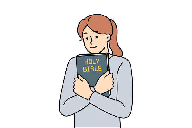 Believing woman embraces bible and feels enlightened after reading religious christian book  Illustration