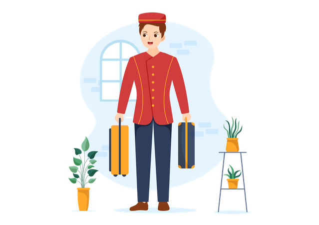 Bell boy holding luggage  Illustration
