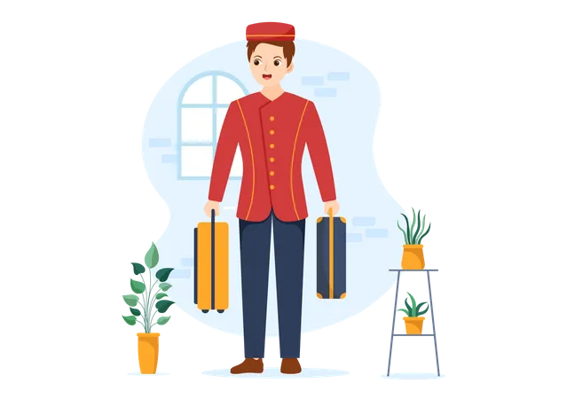 Bell boy holding luggage  Illustration