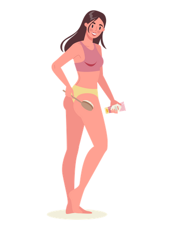 Hermosa mujer Cepillado en seco para eliminar la celulitis en los muslos.  Ilustración