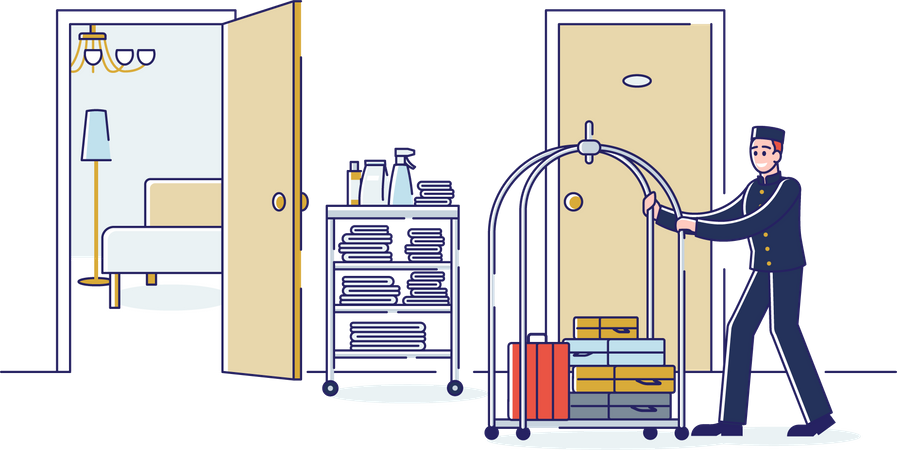 Bellboy carrying luggage on cart  Illustration