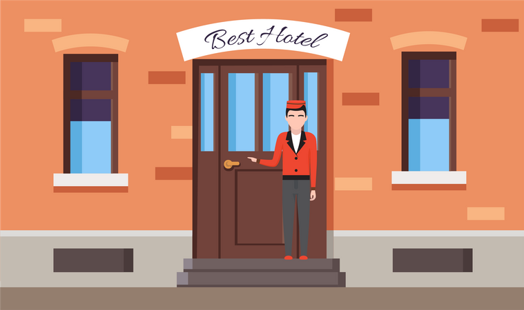 Bellboy standing in front of hotel entrance  Illustration