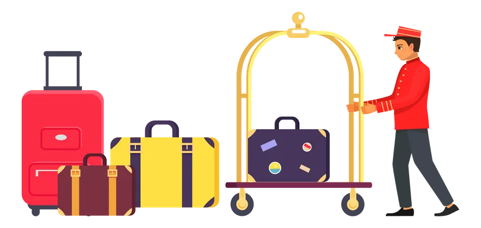 Bellboy transporting guest luggage  Illustration