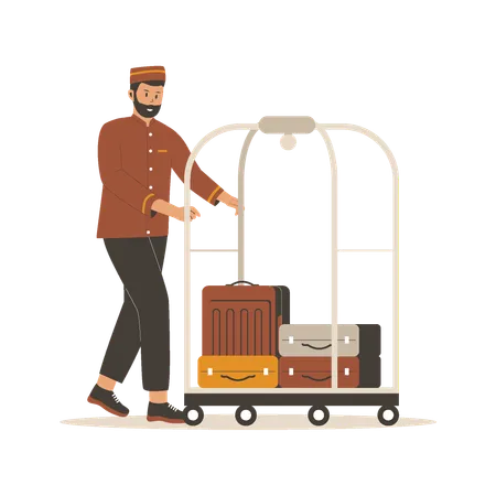 Bellboy with luggage trolley  イラスト