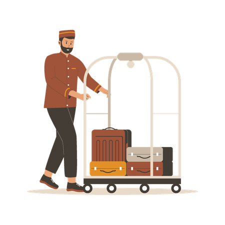 Bellboy with luggage trolley  Illustration