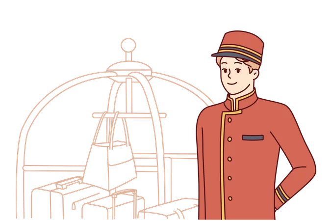 Bellboy Works At Hotel Standing Near Cart With Suitcases And Bags Of Guests Young Man Makes Career As Bellboy Waiting For New Clients Who Need Help And Are Ready To Thank Bellhop With Tip Illustration