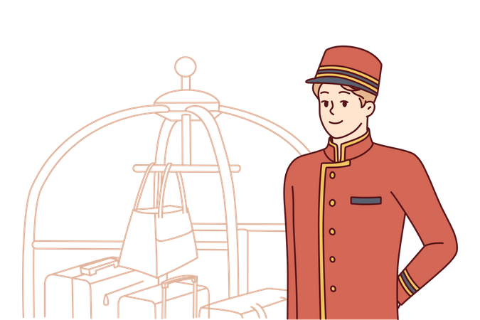 Bellboy works at hotel standing near cart with suitcases and bags and waiting for new guests  Illustration