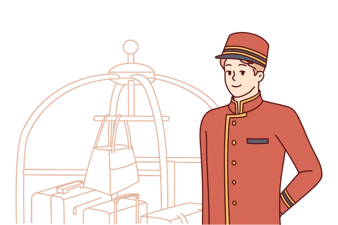 Bellboy Works At Hotel Standing Near Cart With Suitcases And Bags Of Guests Young Man Makes Career As Bellboy Waiting For New Clients Who Need Help And Are Ready To Thank Bellhop With Tip Illustration