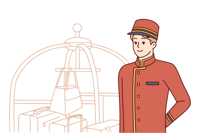 Bellboy works at hotel standing near cart with suitcases and bags and waiting for new guests  Illustration