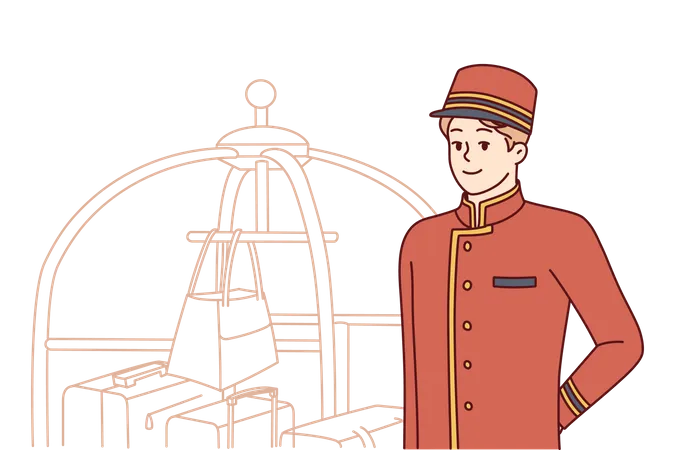 Bellboy works at hotel standing near cart with suitcases and bags and waiting for new guests  Illustration