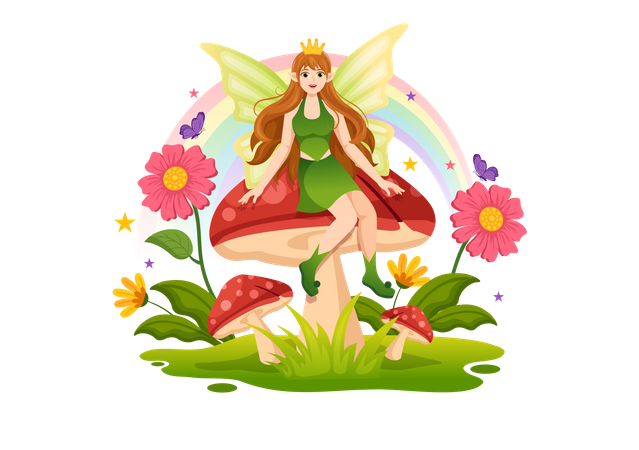 Belle fée assise sur un champignon  Illustration