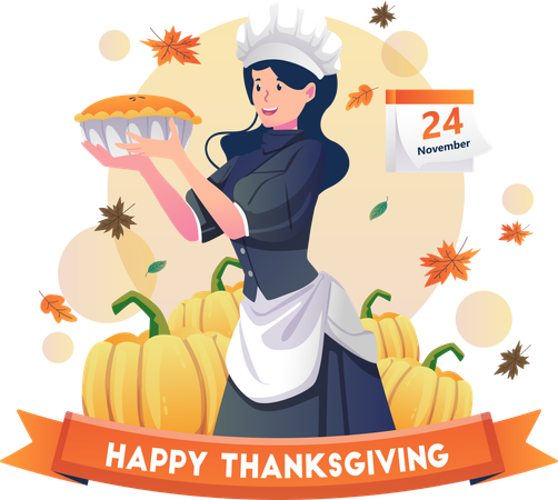 Belle femme cuisinière servant une tarte à la citrouille pour la fête de Thanksgiving  Illustration