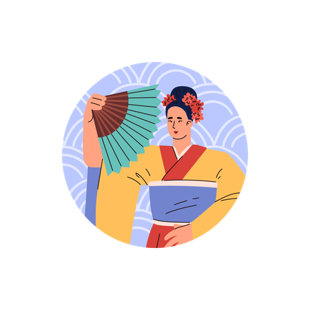 Beau personnage féminin en kimono montrant des parapluies à motifs traditionnels et un ensemble d'éventails en papier de riz  Illustration