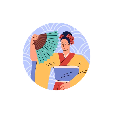 Beau personnage féminin en kimono montrant des parapluies à motifs traditionnels et un ensemble d'éventails en papier de riz  Illustration