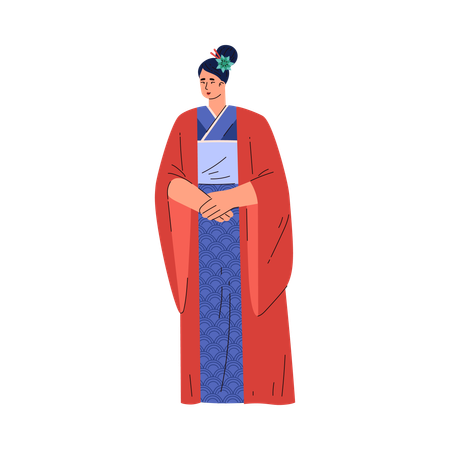 Belle femme japonaise en costume traditionnel kimono rouge vecteur geisha avec fleur dans les cheveux sian mode féminine  Illustration