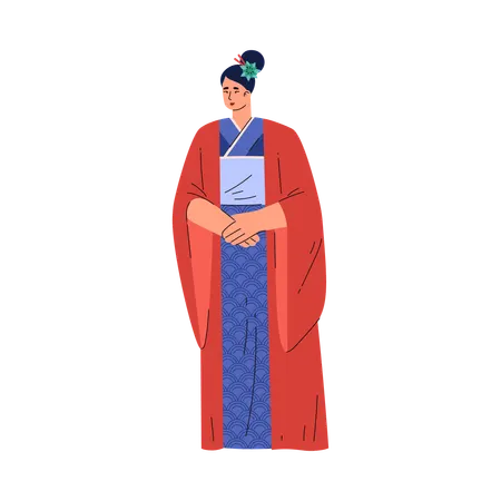 Belle femme japonaise en costume traditionnel kimono rouge vecteur geisha avec fleur dans les cheveux sian mode féminine  Illustration