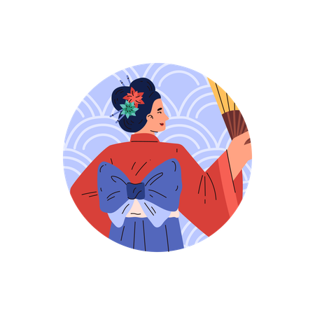 Belle femme japonaise avec un éventail en kimono traditionnel avec un énorme arc vecteur geisha avec des fleurs dans les cheveux vue de dos  Illustration