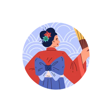 Belle femme japonaise avec un éventail en kimono traditionnel avec un énorme arc vecteur geisha avec des fleurs dans les cheveux vue de dos  Illustration