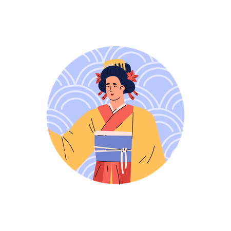 Belle femme japonaise en costume traditionnel kimono vecteur geisha avec des fleurs et une barrette dans les cheveux dans un cadre rond  Illustration