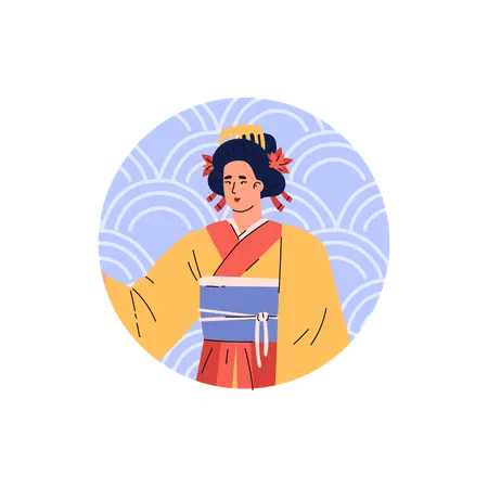 Belle femme japonaise en costume traditionnel kimono vecteur geisha avec des fleurs et une barrette dans les cheveux dans un cadre rond  Illustration