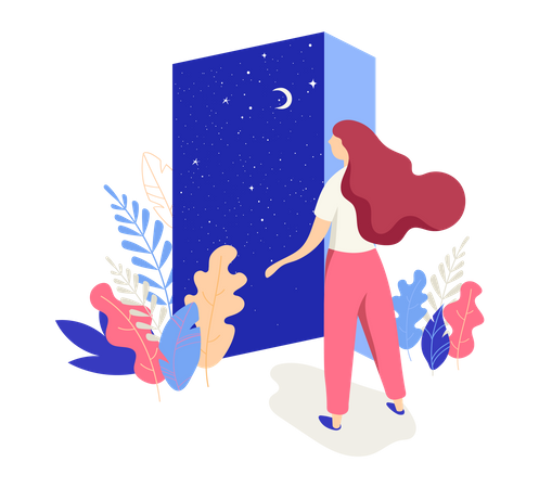 Une belle femme ouvre la porte avec une vue sur le ciel nocturne  Illustration