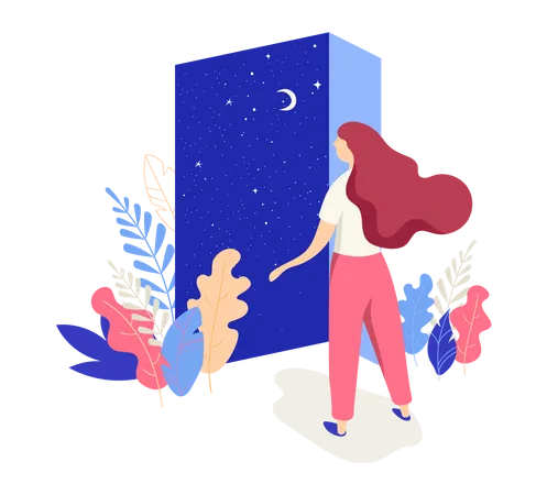 Une belle femme ouvre la porte avec une vue sur le ciel nocturne  Illustration