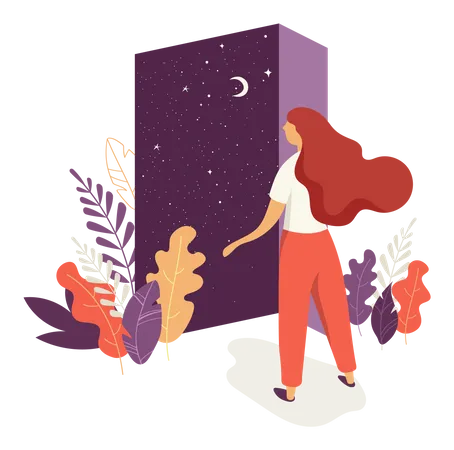 Une belle femme ouvre la porte avec une vue sur le ciel nocturne  Illustration