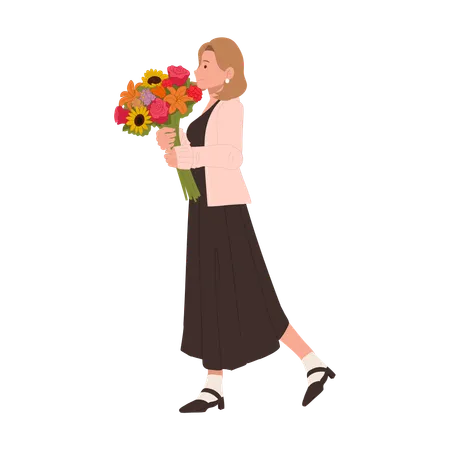 Belle femme tenant un élégant bouquet de fleurs  Illustration