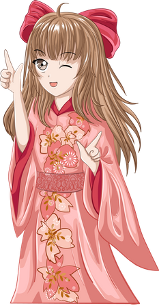 Belle fille aux cheveux bruns portant un kimono rose  Illustration