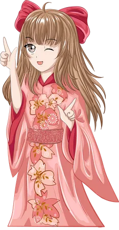 Belle fille aux cheveux bruns portant un kimono rose  Illustration