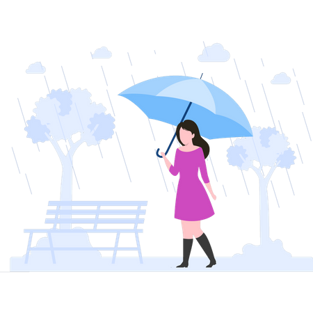 Belle fille marchant sous la pluie avec un parapluie  Illustration