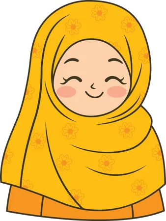 Belle fille musulmane portant un hijab jaune à motifs tout en souriant  Illustration