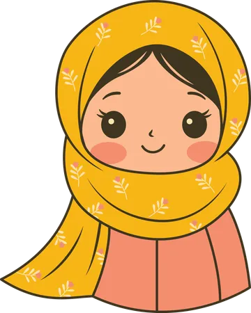 Belle fille musulmane portant un hijab jaune à motifs tout en souriant  Illustration