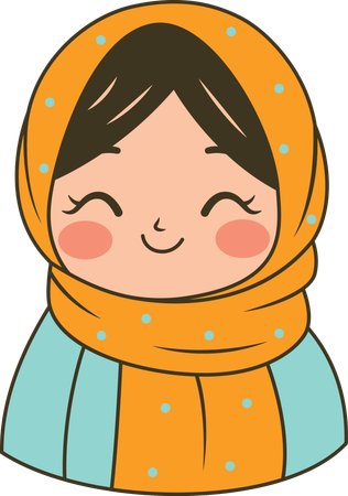 Belle fille musulmane portant un hijab jaune à motifs tout en souriant  Illustration