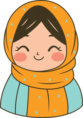 Belle fille musulmane portant un hijab jaune à motifs tout en souriant  Illustration