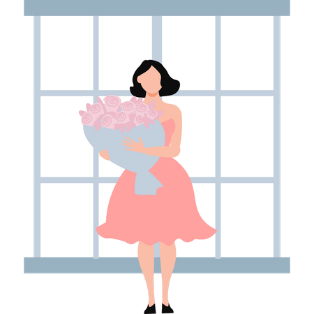 Belle fille tient un bouquet de roses  Illustration