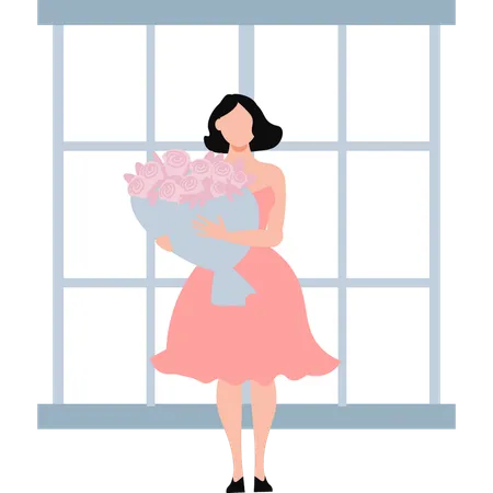 Belle fille tient un bouquet de roses  Illustration