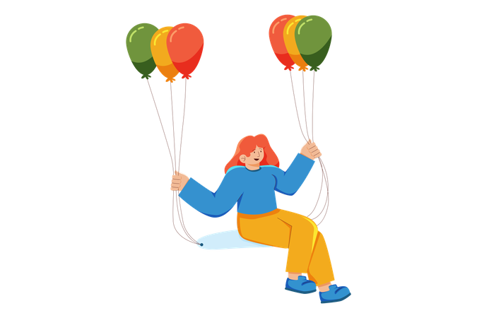 Belle fille volant avec un ballon  Illustration