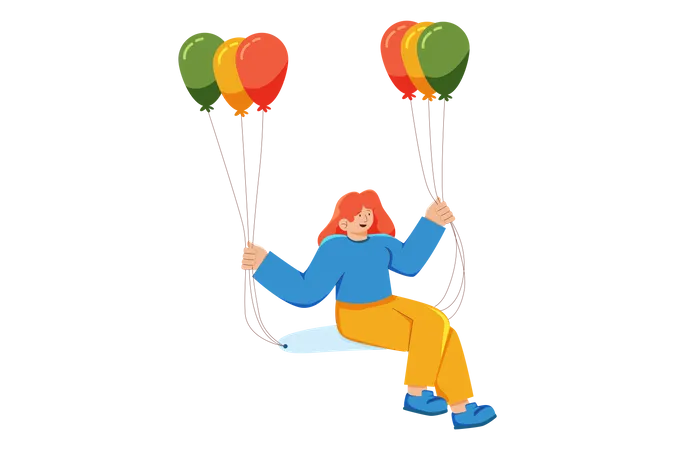 Belle fille volant avec un ballon  Illustration