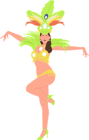 Belle jeune femme en costume de mascarade brésilienne avec un plumage brillant dansant  Illustration