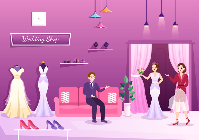 Belle mariée essayer une robe à la boutique de mariage  Illustration