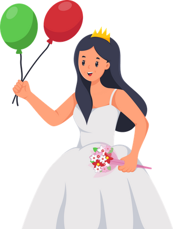 Belle mariée tenant des ballons et un bouquet de fleurs  Illustration