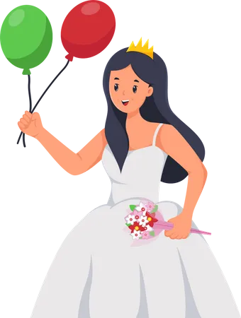 Belle mariée tenant des ballons et un bouquet de fleurs  Illustration