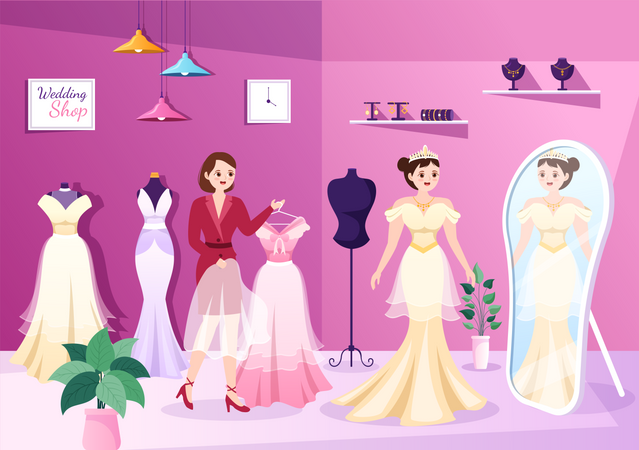 Belle robe de mariée essayant et regardant dans le miroir  Illustration