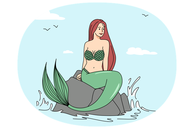 Belle sirène assise sur une pierre dans la mer  Illustration