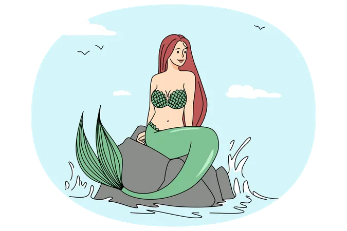 Belle sirène assise sur une pierre dans la mer  Illustration