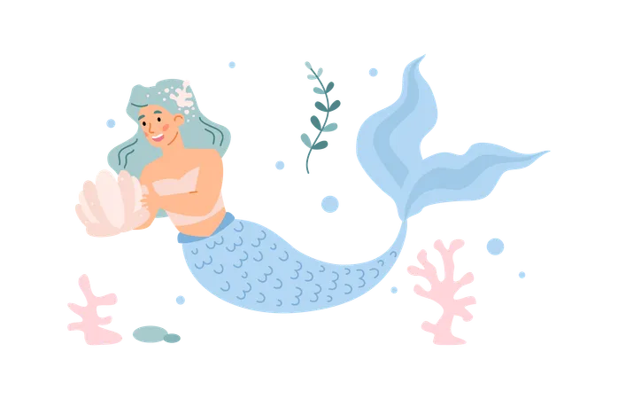 Belle sirène aux longs cheveux bleus nage dans la mer et regarde un coquillage  Illustration