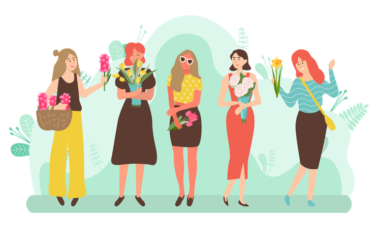 Belles femmes tenant des bouquets de fleurs  Illustration